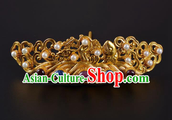 China Traditional Ming Dynasty Palace Pearls Golden Hair Crown Handmade Hair Jewelry Ancient Empress Gems Hairpin