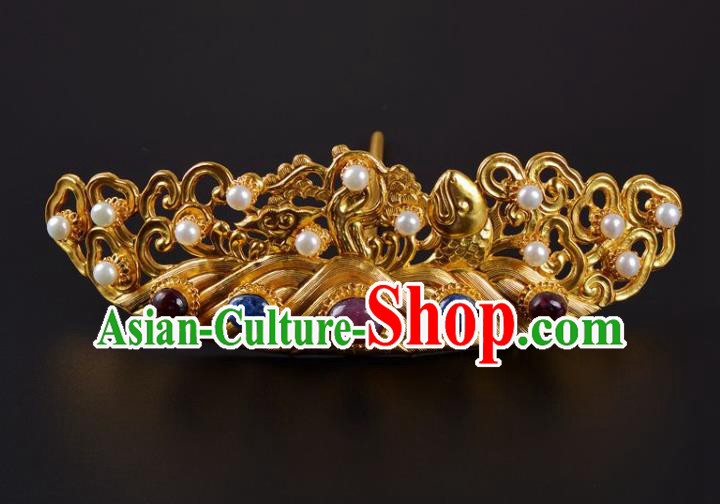 China Traditional Ming Dynasty Palace Pearls Golden Hair Crown Handmade Hair Jewelry Ancient Empress Gems Hairpin