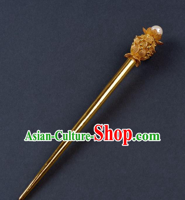 China Traditional Tang Dynasty Palace Hair Stick Handmade Hair Jewelry Ancient Empress Pearl Golden Lotus Hairpin