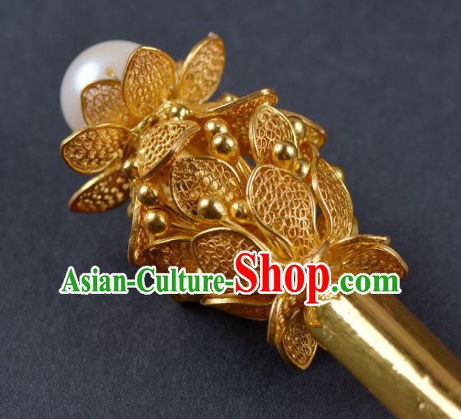 China Traditional Tang Dynasty Palace Hair Stick Handmade Hair Jewelry Ancient Empress Pearl Golden Lotus Hairpin