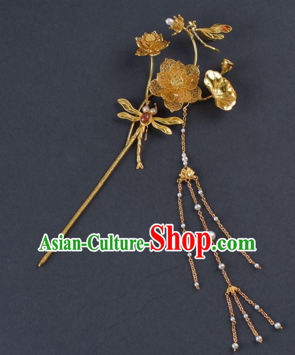 China Traditional Ming Dynasty Palace Agate Hair Stick Handmade Hair Jewelry Ancient Empress Golden Lotus Dragonfly Tassel Hairpin