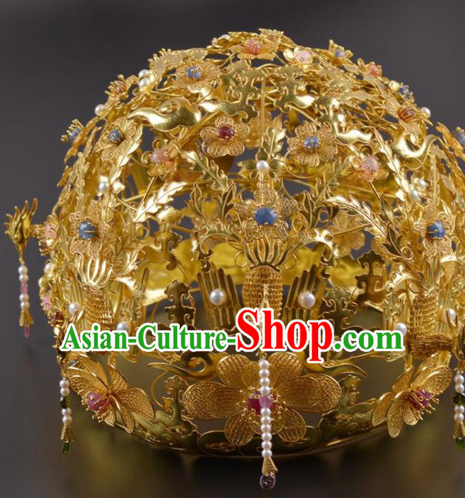 China Traditional Ming Dynasty Pearls Golden Hair Crown Handmade Hair Jewelry Ancient Empress Phoenix Coronet