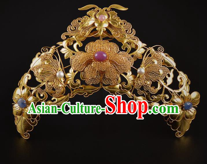 China Traditional Tang Dynasty Golden Peony Hairpin Handmade Hair Jewelry Ancient Empress Filigree Golden Hair Crown