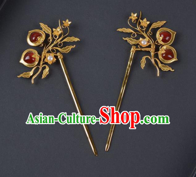 China Traditional Song Dynasty Palace Garnet Hair Stick Handmade Hair Jewelry Ancient Empress Golden Hairpin