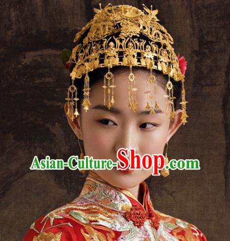 Traditional China Ancient Empress Tassel Phoenix Coronet Handmade Hair Ornament Ming Dynasty Palace Golden Hair Crown