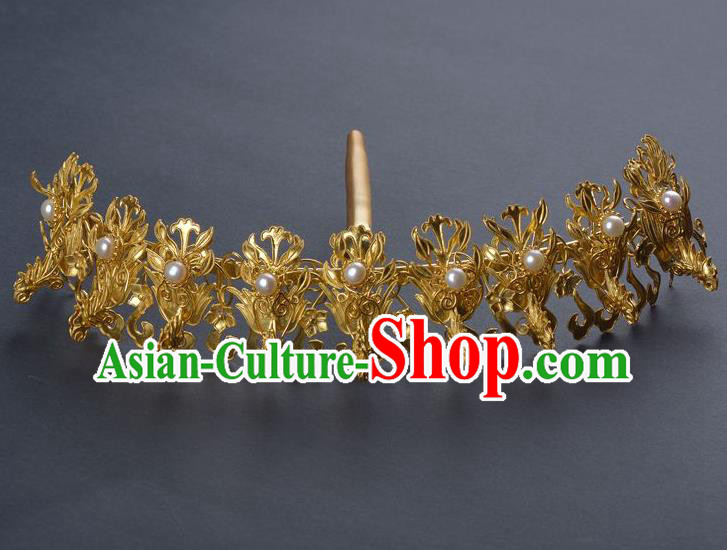 Traditional China Qing Dynasty Palace Golden Phoenix Hair Crown Handmade Hair Ornament Ancient Empress Pearls Hairpin