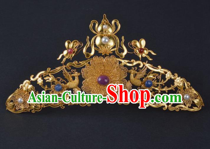 China Handmade Hair Jewelry Ancient Empress Hairpin Hair Comb Traditional Ming Dynasty Palace Golden Gourd Phoenix Hair Crown