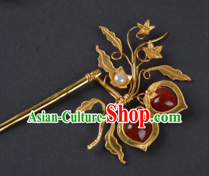 China Traditional Song Dynasty Palace Garnet Hair Stick Handmade Hair Jewelry Ancient Empress Golden Hairpin