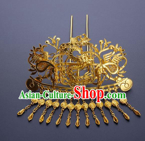 Traditional China Ancient Empress Golden Tassel Hairpin Handmade Hair Ornament Ming Dynasty Palace Hair Comb