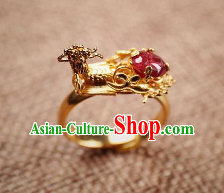 Handmade Chinese Ancient Empress Golden Phoenix Ring Jewelry Traditional Qing Dynasty Court Ruby Accessories