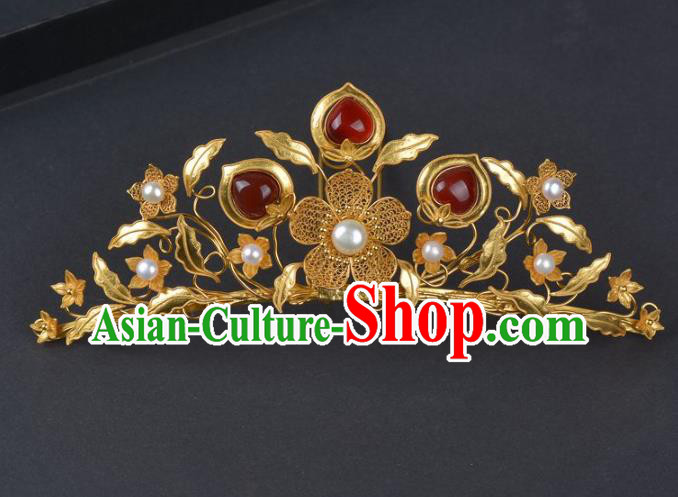 China Ancient Empress Golden Plum Hairpin Traditional Ming Dynasty Palace Agate Hair Crown Handmade Hair Jewelry