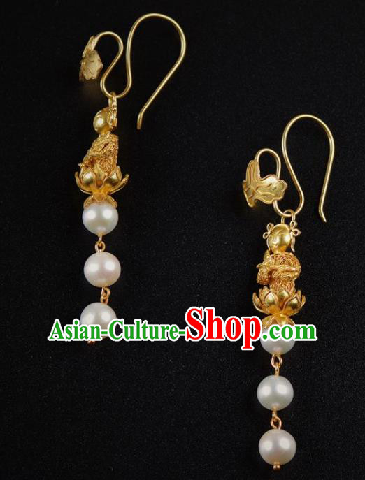 Handmade Chinese Ancient Empress Golden Earrings Jewelry Traditional Qing Dynasty Court Ear Pearls Accessories