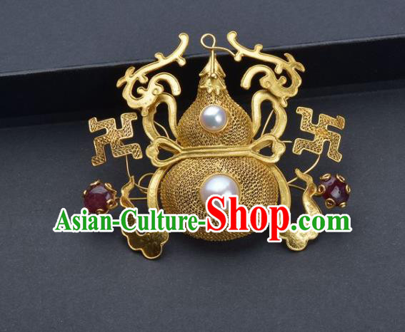 Handmade Chinese Ancient Empress Golden Gourd Breastpin Jewelry Traditional Qing Dynasty Court Pearls Brooch Accessories