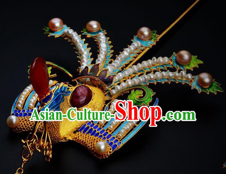 Traditional China Ancient Empress Cloisonne Phoenix Hairpin Handmade Hair Ornament Qing Dynasty Palace Pearls Hair Stick