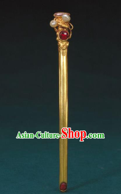 Traditional China Qing Dynasty Palace Golden Hair Stick Ancient Empress Pearls Hairpin Handmade Hair Ornament