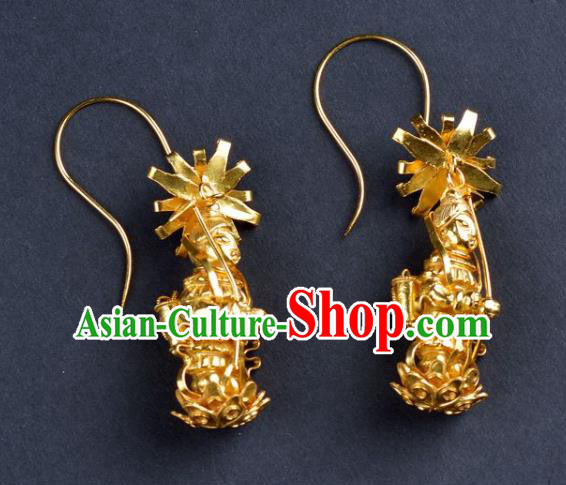 Handmade Chinese Ancient Empress Ear Jewelry Traditional Ming Dynasty Court Golden Earrings Accessories