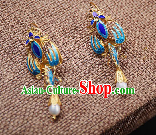 Handmade Chinese Ancient Empress Blueing Phoenix Ear Jewelry Traditional Qing Dynasty Court Pearl Earrings Accessories