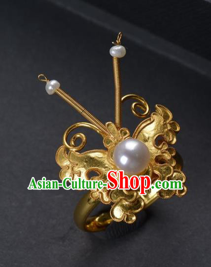 Handmade Chinese Ancient Court Empress Pearls Ring Jewelry Traditional Qing Dynasty Golden Butterfly Ring Accessories