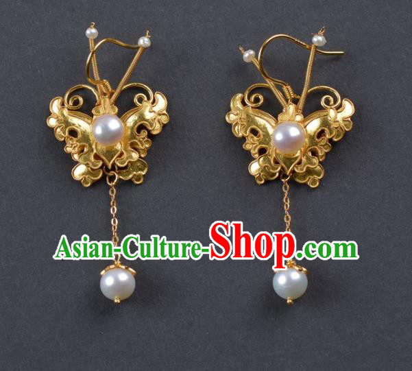 Handmade Chinese Ancient Empress Pearls Ear Jewelry Traditional Qing Dynasty Court Golden Butterfly Earrings Accessories