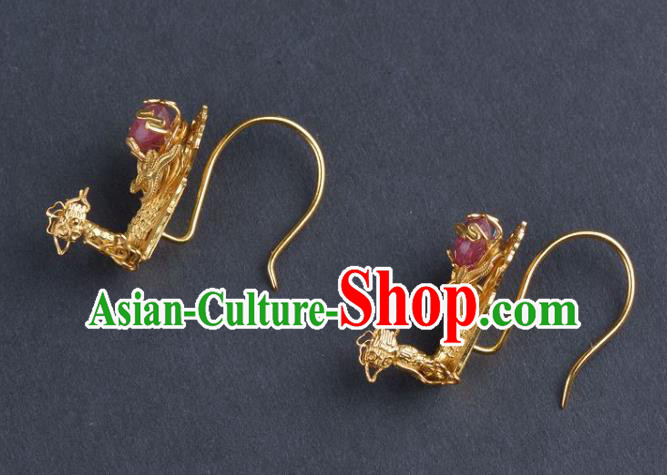 Handmade Chinese Traditional Ming Dynasty Wedding Ear Accessories Ancient Empress Golden Phoenix Earrings Jewelry