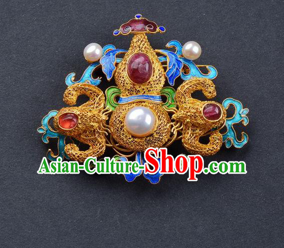 Handmade Chinese Traditional Qing Dynasty Gems Breastpin Accessories Ancient Empress Golden Filigree Gourd Brooch Jewelry