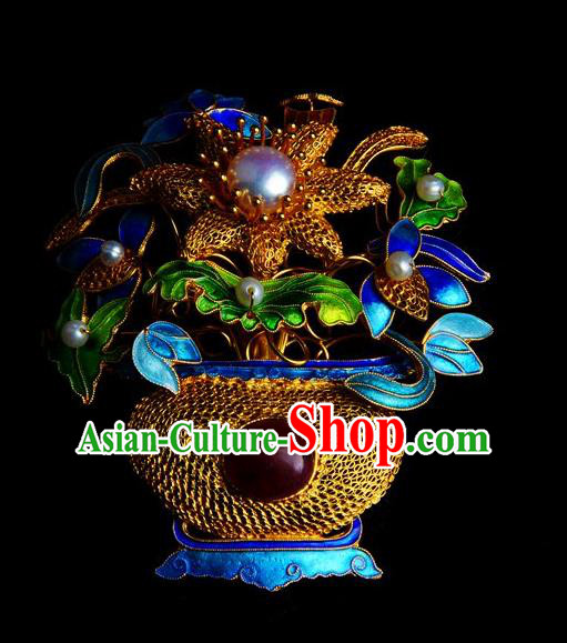 Handmade Chinese Traditional Qing Dynasty Filigree Breastpin Pearls Accessories Ancient Empress Cloisonne Brooch Jewelry