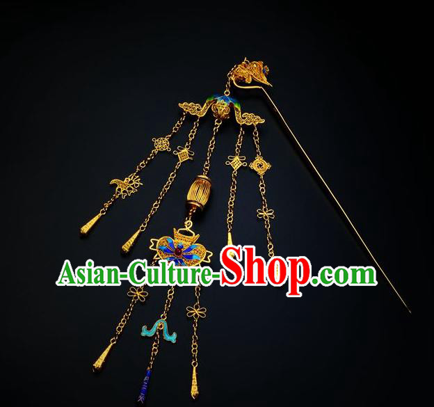 Traditional China Ancient Empress Golden Phoenix Hairpin Handmade Hair Ornament Qing Dynasty Palace Cloisonne Tassel Hair Stick