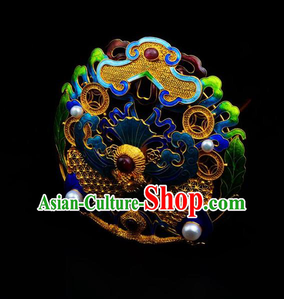 Traditional China Ancient Empress Gems Blueing Hairpin Handmade Hair Ornament Qing Dynasty Palace Cloisonne Hair Crown