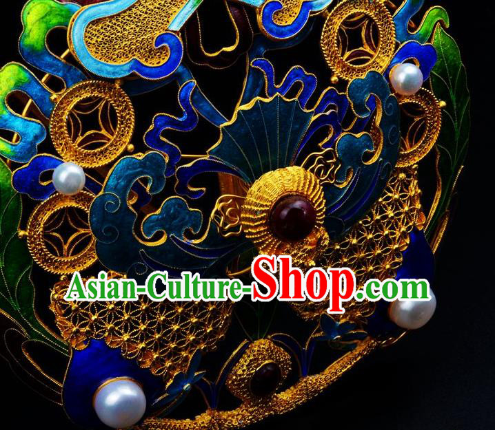 Traditional China Ancient Empress Gems Blueing Hairpin Handmade Hair Ornament Qing Dynasty Palace Cloisonne Hair Crown