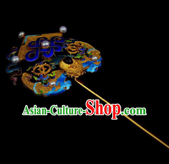 Traditional China Ancient Empress Cloisonne Pearls Hairpin Handmade Hair Ornament Qing Dynasty Palace Golden Bat Hair Stick