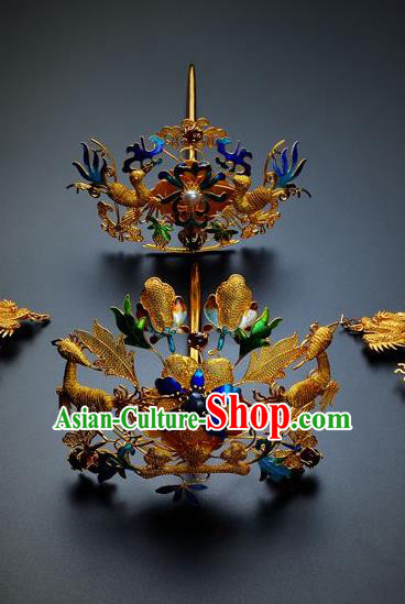 Traditional China Ancient Empress Phoenix Hairpin Handmade Hair Ornament Qing Dynasty Palace Filigree Golden Hair Crown