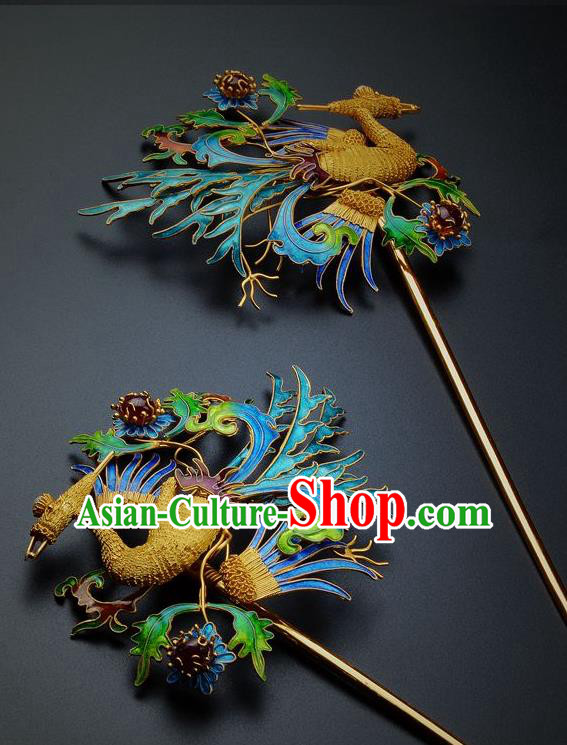 Traditional China Handmade Hair Ornament Ancient Empress Hairpin Qing Dynasty Palace Cloisonne Phoenix Hair Stick