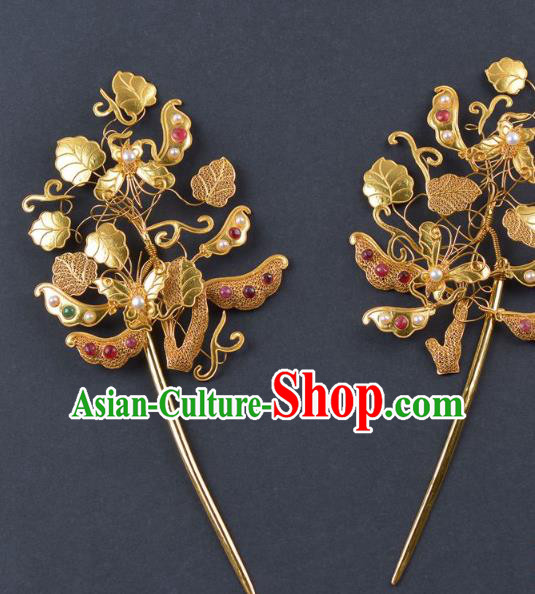 China Traditional Qing Dynasty Palace Gems Pearls Hair Stick Handmade Hair Jewelry Ancient Empress Golden Peasecod Hairpin