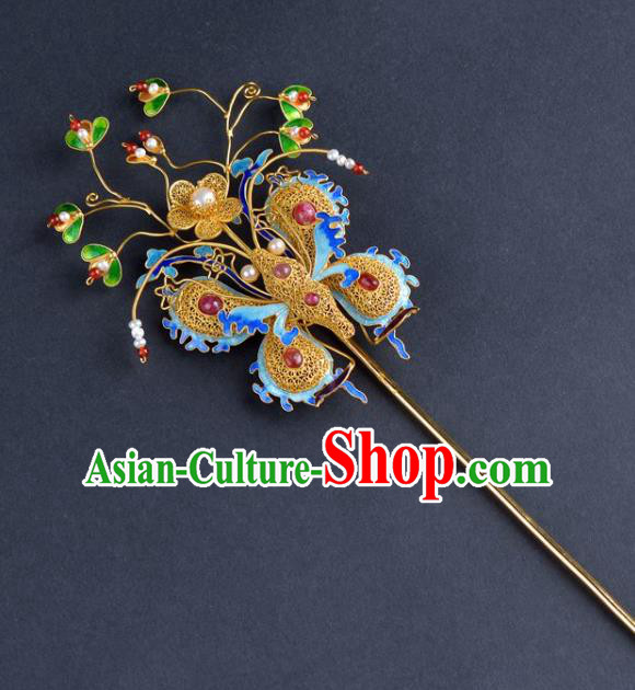 Traditional China Ancient Empress Gems Hairpin Qing Dynasty Palace Cloisonne Butterfly Hair Stick Handmade Hair Ornament