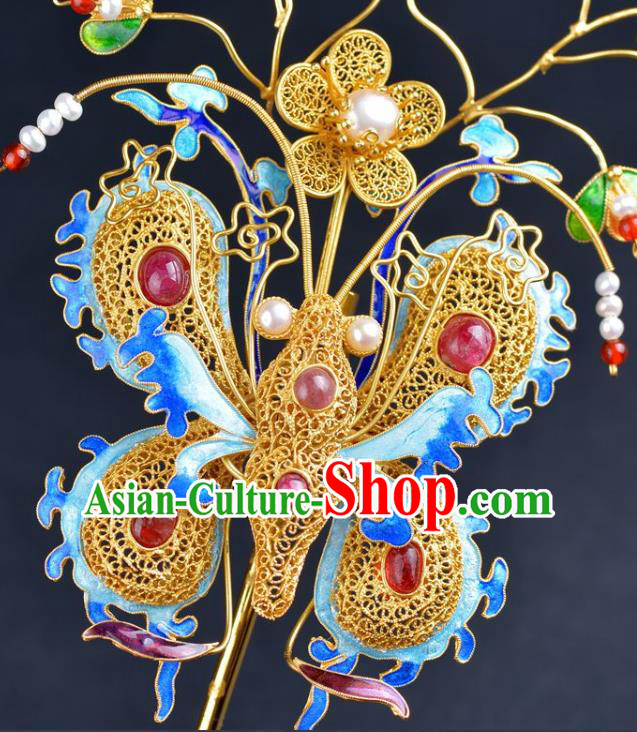 Traditional China Ancient Empress Gems Hairpin Qing Dynasty Palace Cloisonne Butterfly Hair Stick Handmade Hair Ornament