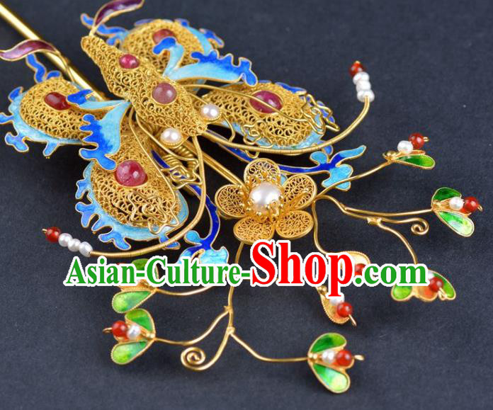 Traditional China Ancient Empress Gems Hairpin Qing Dynasty Palace Cloisonne Butterfly Hair Stick Handmade Hair Ornament