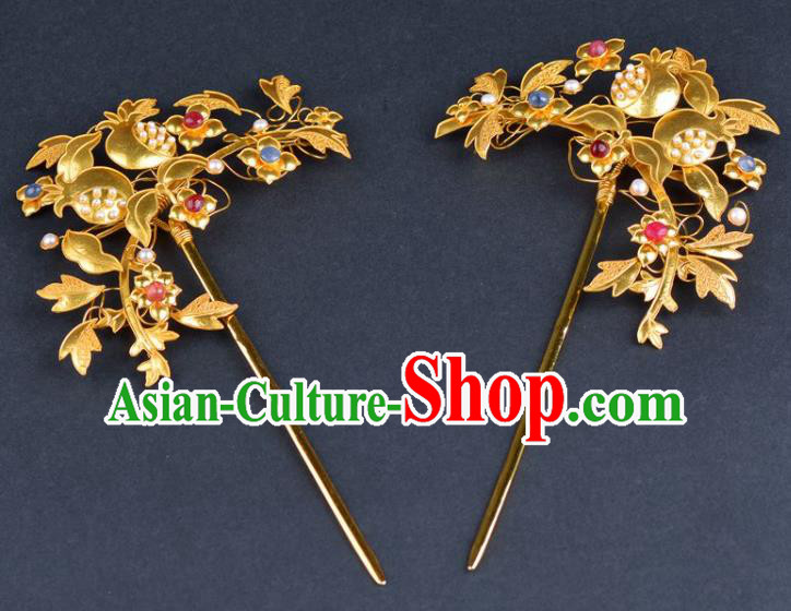 China Traditional Qing Dynasty Palace Golden Pomegranate Hair Stick Handmade Gems Hair Jewelry Ancient Empress Pearls Hairpin