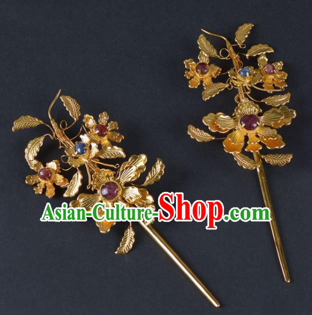 China Traditional Tang Dynasty Palace Golden Peony Hair Stick Handmade Hair Jewelry Ancient Empress Ruby Hairpin