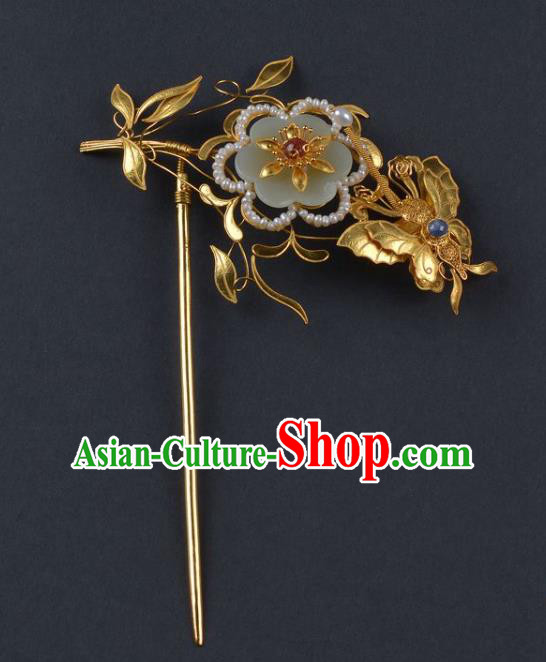 China Traditional Qing Dynasty Jade Flower Hair Stick Handmade Pearls Hair Jewelry Ancient Empress Golden Butterfly Hairpin