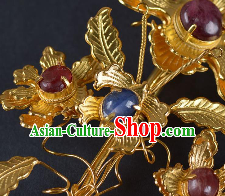 China Traditional Tang Dynasty Palace Golden Peony Hair Stick Handmade Hair Jewelry Ancient Empress Ruby Hairpin