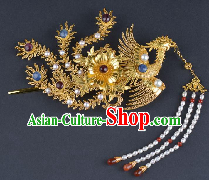 China Traditional Ming Dynasty Pearls Tassel Phoenix Hair Stick Handmade Hair Jewelry Ancient Empress Hairpin Step Shake