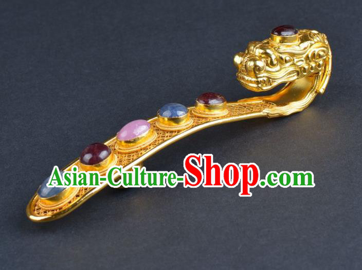 Chinese Ancient Ming Dynasty Emperor Golden Belt Hook Traditional Hanfu Gems Waist Buckle Accessories