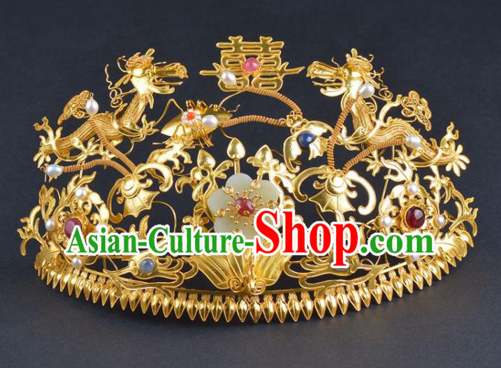 China Traditional Ming Dynasty Jade Flower Hair Crown Handmade Hair Jewelry Ancient Wedding Phoenix Coronet