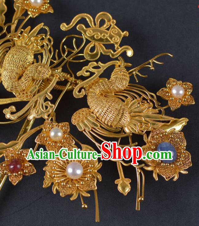 China Traditional Qing Dynasty Palace Golden Phoenix Hair Stick Ancient Empress Pearls Hairpin Handmade Hair Jewelry