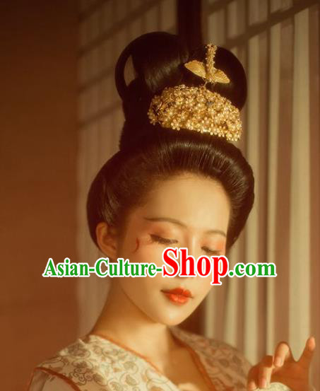 China Traditional Tang Dynasty Princess Pearls Hair Crown Handmade Hair Jewelry Ancient Hanfu Golden Hairpin Phoenix Coronet