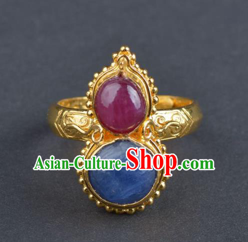 Handmade Chinese Traditional Ming Dynasty Court Gems Gourd Ring Accessories Ancient Empress Jewelry Golden Ring