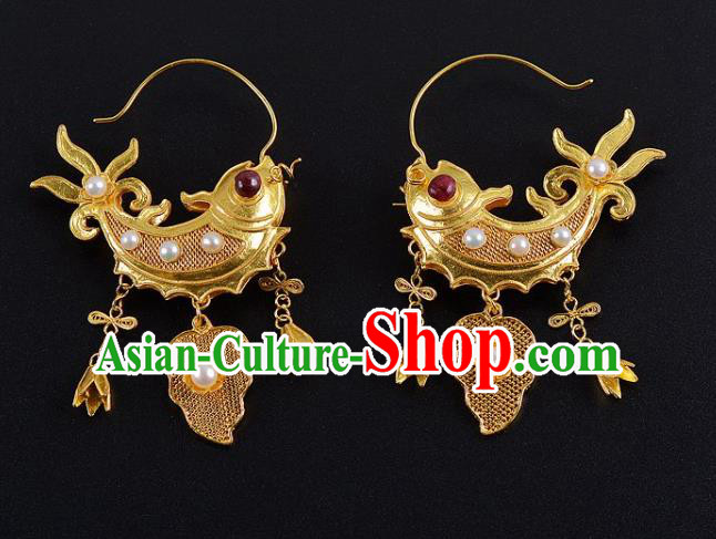 Handmade Chinese Ancient Empress Jewelry Pearls Earrings Traditional Ming Dynasty Court Golden Carp Accessories