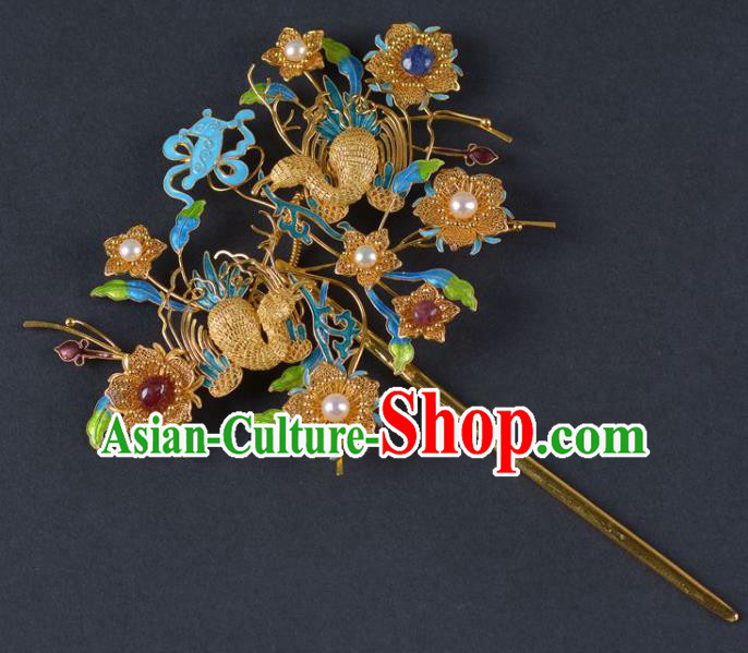 China Ancient Empress Pearls Hairpin Handmade Hair Jewelry Traditional Qing Dynasty Palace Cloisonne Phoenix Hair Stick