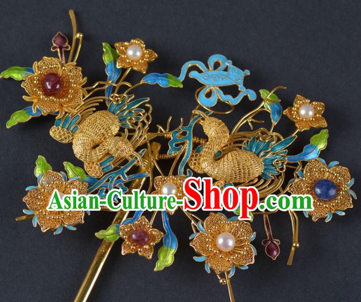 China Ancient Empress Pearls Hairpin Handmade Hair Jewelry Traditional Qing Dynasty Palace Cloisonne Phoenix Hair Stick