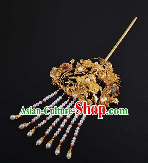 China Handmade Hair Jewelry Ancient Empress Pearls Tassel Hairpin Traditional Qing Dynasty Palace Golden Phoenix Hair Stick